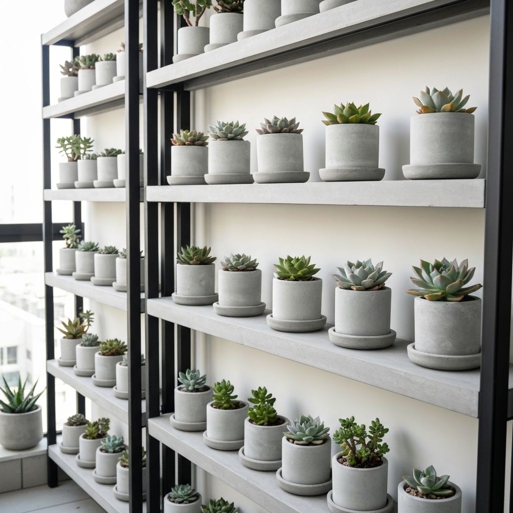 Mehrschichtiges Balkon-Regal mit systematisch angeordneten Sukkulenten und klarem Drenage-System auf jedem Tablett