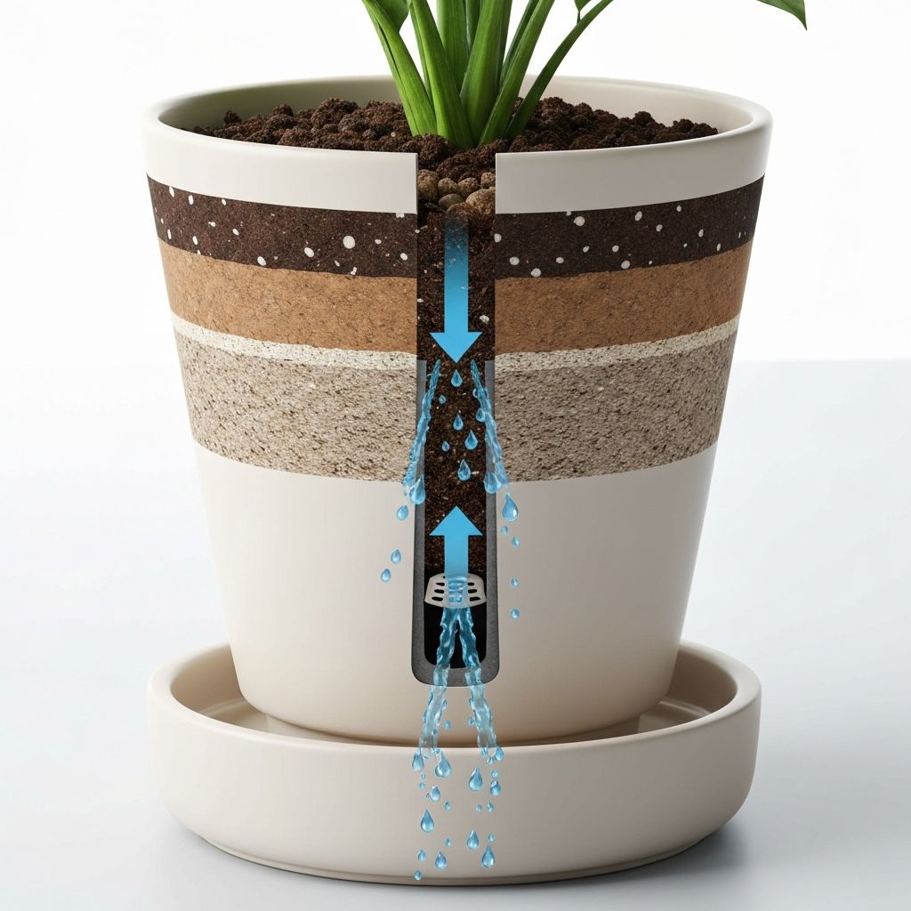 Querschnitt eines Topfes mit Drainage-Loch, Untersetzer und mehrschichtiger Erdmischung für optimale Wasserzirkulation