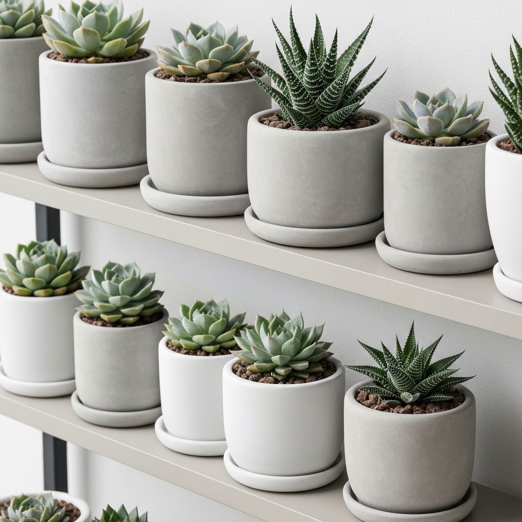 Organisierte Balkonregal-Anordnung mit mehreren Sukkulenten-Töpfen und durchdachtem Drenage-System