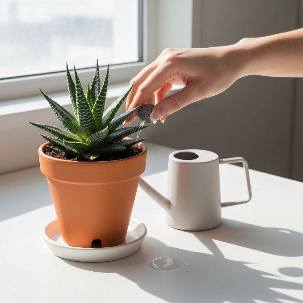 Detailaufnahme eines Drainage-Untersetzers mit feuchter Erde und Gießkanne auf der Seite